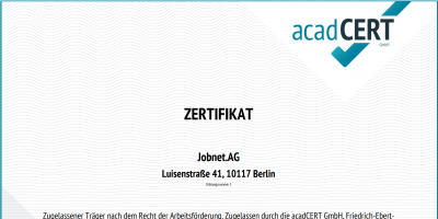 Qualitätssicherung: Jobnet.AG erneut erfolgreich als AZAV-Träger zertifiziert