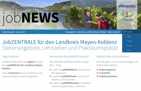 Homepage der JobZENTRALE für den Landkreis Mayen-Koblenz. Rechts oben ist die Sprachauswahl aufgeklappt.