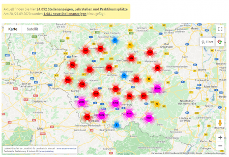 JobMAPS zeigen die regionale Verteilung von Stellen (Beispiel Saarland)